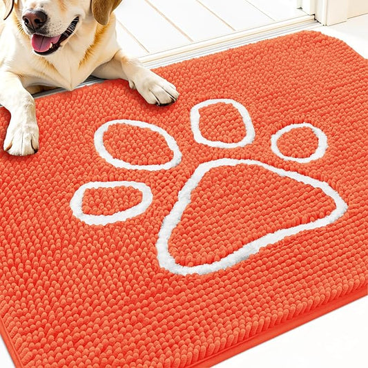 OLANLY Dog Door Mat for Muddy Paws 30x20, Paw Print Design, Absorbs Moisture and Dirt, Absorbent Non-Slip Washable Doormat, Quick Dry Chenille Mud Mat for Dogs, Entry Indoor Entryway Carpet, Coral