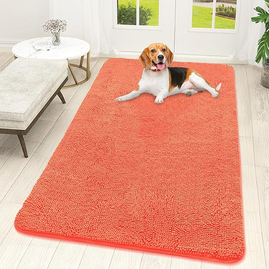 OLANLY Dog Door Mat for Muddy Paws 59x32, Absorbs Moisture and Dirt, Absorbent Non-Slip Washable Doormat, Quick Dry Chenille Mud Mat for Dogs, Entry Indoor Entryway Carpet for Inside Floor, Coral