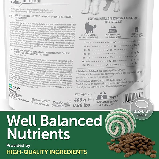 Nature's Protection Dry Cat Food - Grain Free, High Protein Cat Food Dry Kibble for Indoor Adult Cats with Light Fur - Sensitive Stomach, No Tear Stains & Hairball (Superior Care - Herring, 14.11 oz)