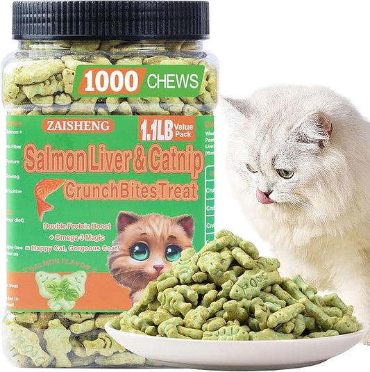 17.6 oz Cat Grass Treats for Indoor Cats - Hairball Control Natural Salmon & Catnip Flavor Healthy Kitten Snacks Crunchy Training Biscuits for Dental Cleaning
