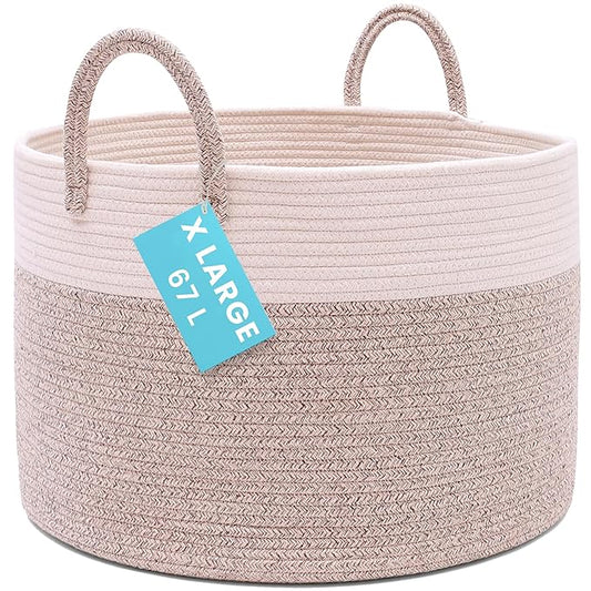 OrganiHaus Large Woven Storage Basket for Blankets and Toys 20" x 13" Inch, Rope Laundry Basket with Handles, Cushions & Pillows Storage Bin, Nursery Hamper, Soft Round Dog Toy Bin - Brown/Off-White