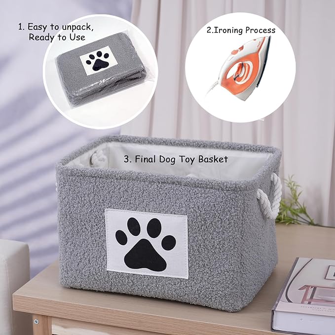 COMFY-HOMI 2Pcs Dog Toy Basket with Metal Collapsible Pet Toy Storage Organizer with Handles-Soft Polyester Fleece Fabric Bin Storage Basket for Shelves, Toys Storage Organization 15"x10.2"x9.5"-Grey