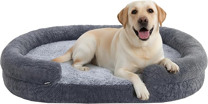 Orthopedic Dog Bed for Extra Large Dogs, Extra-Thick 3.6" Foam Fluffy Fur Sofa with Comfortable Sides, Soft and Big Dog Couch Bed with Washable Removable Cover and Non-Slip Oval Bottom, Grey