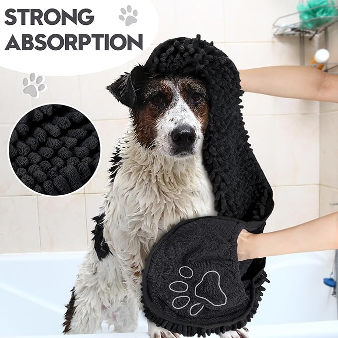 Newwiee 4 Pcs Large Dog Shammy Towel for Drying 32 x 14 in Microfiber Absorbent, Quick Drying Dog Bath Towel with Hand Pocket, Machine Washable for Pet Puppy Cleaning Shower Supplies(Black)