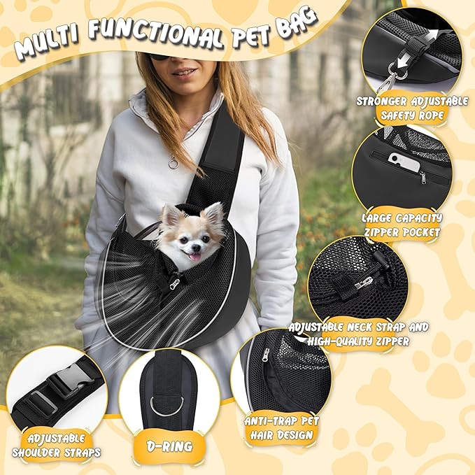 Dog Sling for Small Dogs & Cats Up to 10 lbs with Detachable Hard Bottom Breathable Mesh, Adjustable Strap & Large Pocket - Hands-Free Pet Carrier for Travel Walking Hiking (Black Size S)