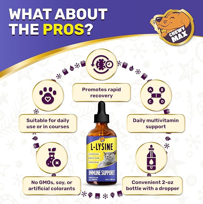 L Lysine for Cats for Respiratory & Immune Support – Cat Antibiotic to Help with Watery Eyes, Cough, Runny Nose, Sneezing – Taurine & Vitamins for Kittens & Senior Ones – Chicken Flavor – 2-Oz Drops
