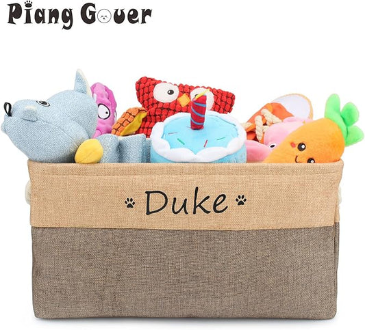 Dog Toy Box Storage Basket Bin with Personalized Custom Pet's Name Collapsible Rectangular Storage Bag For Organizing Dogs cat Clothes，Shoes，Pet Accessories (Coffee, L)