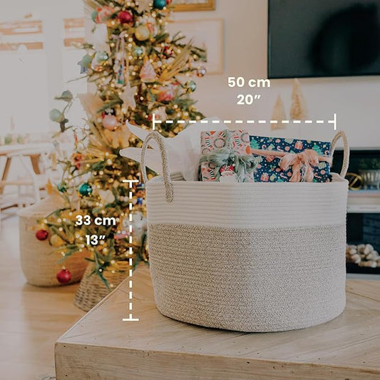 OrganiHaus Large Woven Storage Basket for Blankets and Toys 20" x 13" Inch, Rope Laundry Basket with Handles, Cushions & Pillows Storage Bin, Nursery Hamper, Soft Round Dog Toy Bin - Brown/Off-White