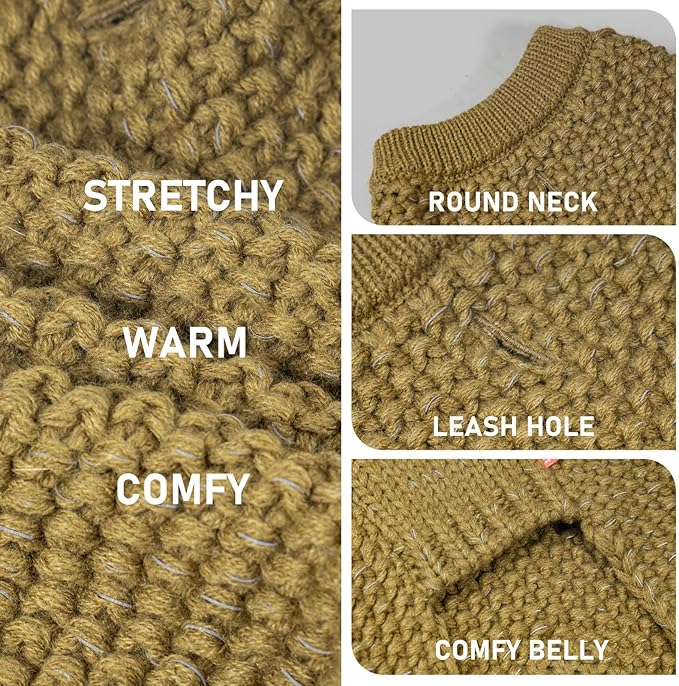 KYEESE Dog Sweater with Leash Hole for Small Dogs Male Warm Pullover with Reflective Yarn Soft Knit Pullover Boy Dog Coats Cozy Lightweight Thick Sweater Pet Indoor Outdoor Wear,Brown,Small
