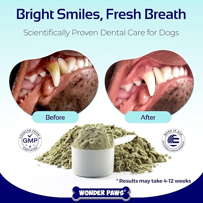 Wonder Paws Dental Powder for Dogs – Teeth Cleaning & Dental Care Made Easy – Removes Plaque, Tarter, Stains & Freshens Breath – Plaque & Tartar Remover for Dogs of All Ages – 60 Scoops