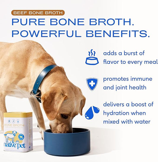 Native Pet Bone Broth for Dogs and Cats - Made with Real Beef Bone Broth, Dog Food Toppers for Picky Eaters - Provides Extra Hydration & Nutrition for Joint Strength, Immunity & Heart Health-96 Scoops