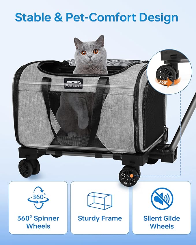 Pet Carrier with Removable Wheels American Airline Approved, Rolling Cat Carrier with Telescopic Handle and Shoulder Strap, Breathable Soft-Sided Carrier with Locking Zipper for Small Cats Dogs(Grey)