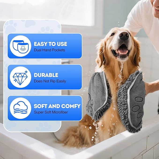 Super Absorbent Dog Towel with Hand Pockets - Fast Drying Microfiber Pet Towel for Bath, Beach & Rain, Machine Washable, 32x14 Inches, Grey