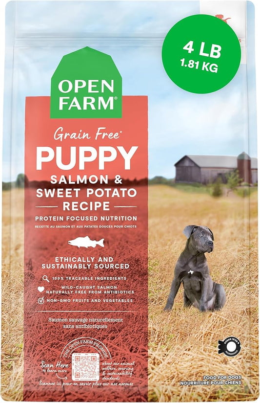 Open Farm, Grain-Free Dry Dog Food for Puppies, Protein-Packed Kibble, Sustainably & Ethically Sourced Ingredients, Non-GMO Veggies & Superfoods, Salmon & Sweet Potato Puppy Recipe, 4lb Bag