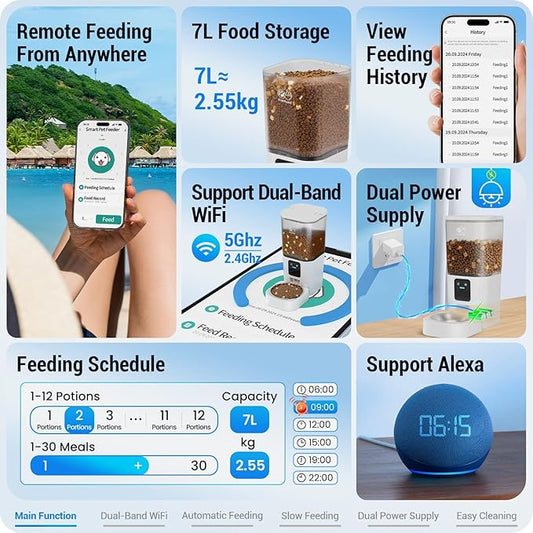 Automatic Cat Feeder with Slow Feed: 5G WiFi Automatic Dog Feeder with APP Control, 7L Timed Auto Cat Food Dispenser with Alexa for Multiple Pets, Detachable for Easy Cleaning - 29 Cup