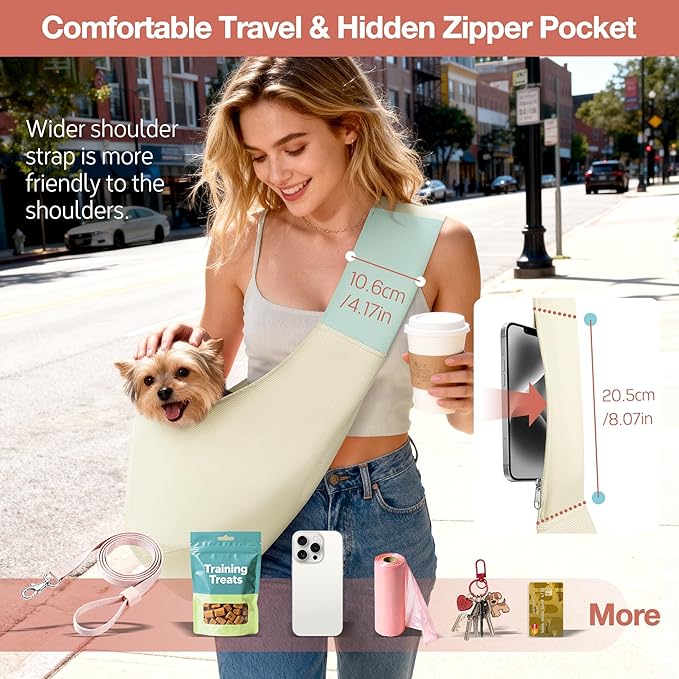 YUDODO Fashion Dog Sling Carrier for Small Dogs Lightweight Crossbody Pet Bag with Safety Strap, Pocket Storage, Machine Washable, Comfortable Travel & Outdoor Sling up to 9 lbs White