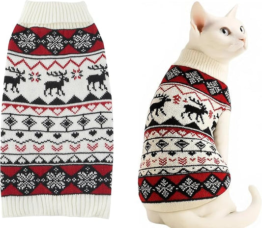 Lanyarco White Red Christmas Cat Sweater, Ugly Vintage Reindeer Pet Chihuahua Christmas Sweater, Holiday Festive Clothes for Cat Puppy, X-Small (XS) Size Back 9"