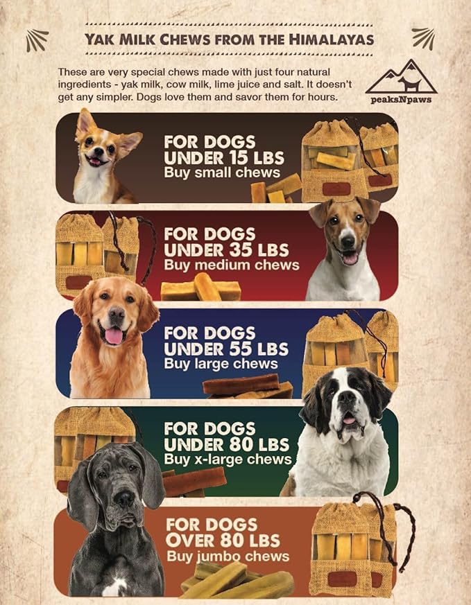 peaksNpaws Himalayan Dog Chews, High Protein Yak Cheese, Lactose Free, Natural Dog Treat, Long Lasting Chew Stick for Aggressive Chewers Under 35 lbs, 3 Medium Sticks, 100% Eco-Friendly Packaging
