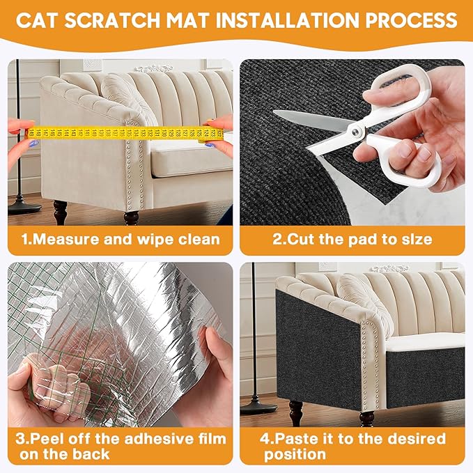 MIAOKE 2 Pcs 40 × 16 in Cat Scratch Furniture Protector with Cutter Slider and Measuring Tape, Trimmable Self-Adhesive Cat Scratch Carpet, Suitable for DIY Cat Tree Stands, Sofas,Cat Tower