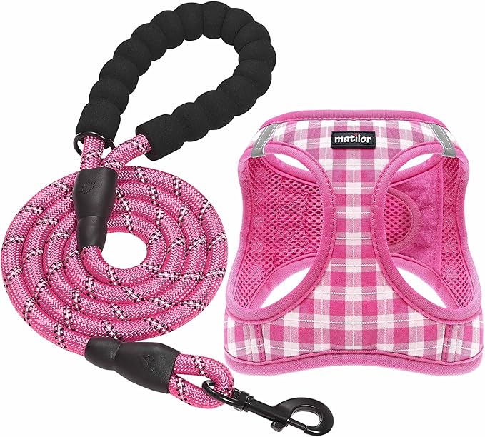 Dog Harness Step-in Breathable Puppy Cat Dog Vest Harnesses for Small Medium Dogs Pink Checkered