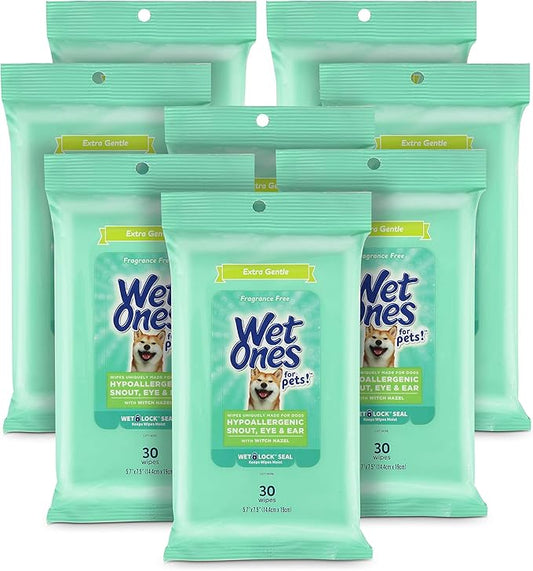 Wet Ones for Pets Extra Gentle Dog Wipes with Witch Hazel for Snout, Eye, Ear - Fragrance-Free Wipes for Dogs with Wet Lock Seal, 30 Count - 8 Pack