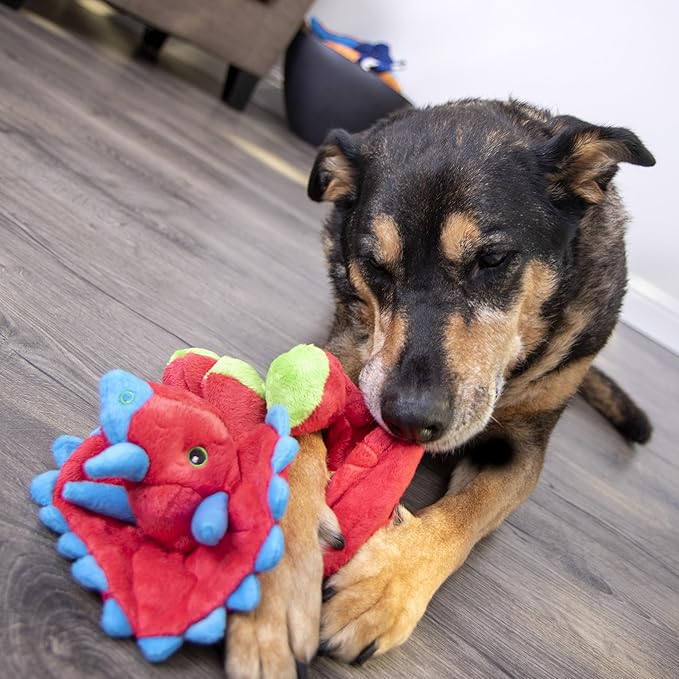 FurHaven Orthopedic Dog Bed & goDog Toy - Squeaky Plush Dino with Chew Guard for Large Dogs - Plush & Velvet L Shaped Chaise - Platinum Gray, Jumbo/XL