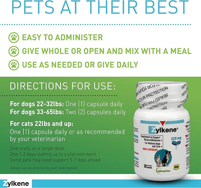 Vetoquinol Zylkene Calming Support Supplement for Medium Dogs 33-65lbs Helps Promote Relaxation and Reduce External Stress Factors, Daily Behavioral Support and Anxiety Relief for Dogs, 225mg