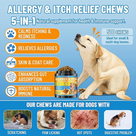 Dog Allergy Relief Chews, Dog Itching Skin Relief, 500 Crunchy Krill Center Seasonal Allergy Anti-Itch Chews, Itchy Ear & Paw Licking, Colostrum, Quercetin & Probiotics for Gut, Immune, Skin & Coat
