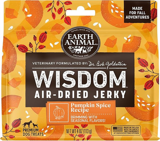 Earth Animal Wisdom Air Dried Jerky - Seasonal Pumpkin Spice Premium Natural Jerky Strips Dog Treats - 4 oz Bag