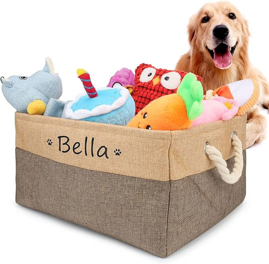 Dog Toy Box Storage Basket Bin with Personalized Custom Pet's Name Collapsible Rectangular Storage Bag For Organizing Dogs cat Clothes，Shoes，Pet Accessories (Coffee, M)