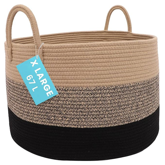 OrganiHaus Large Woven Storage Basket for Blankets and Toys 20" x 13" Inch, Rope Laundry Basket with Handles, Cushions & Pillows Storage Bin, Nursery Hamper, Soft Round Dog Toy Bin - Brown/Black