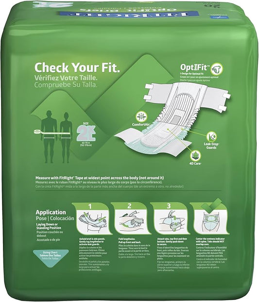 FitRight Adult Diapers, Extra+ Heavy Absorbency, 2XL (Waist Size 60in-70in), 80 Count, OptiFit Incontinence Briefs for Men and Women, Disposable, Moisture-Wicking, Leak Protection,