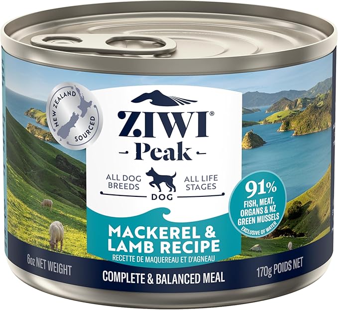 ZIWI Peak Canned Wet Dog Food – All Natural, High Protein, Grain Free, Limited Ingredient, with Superfoods (Mackerel & Lamb, Case of 12, 6oz Cans)