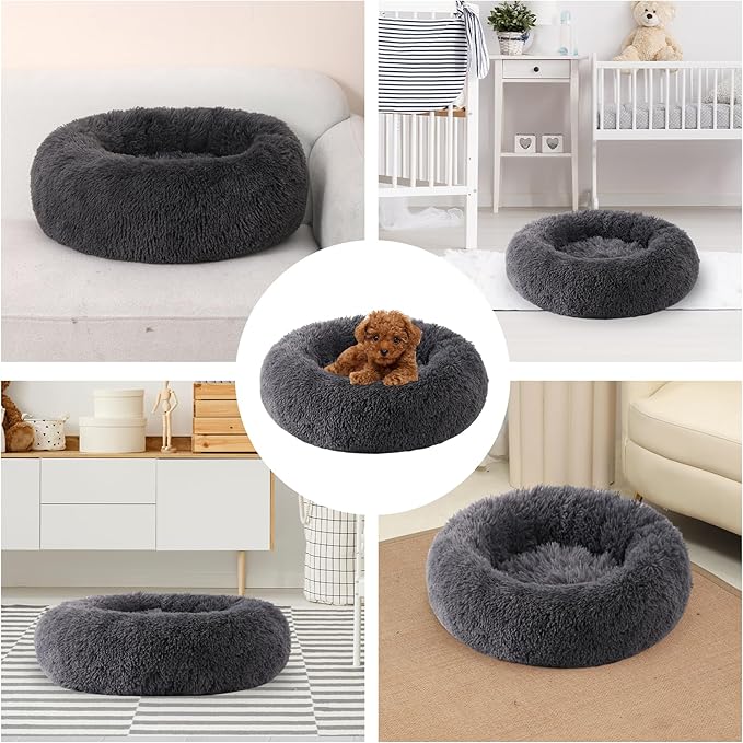 Small Round Dog Bed, Cat Beds for Indoor Cats, Calming Anti-Anxiety Donut Bed for Puppy and Kitten, Washable Round Fluffy Pet Bed for Small Dogs and Cats(Fits up to 15 lbs Pets)