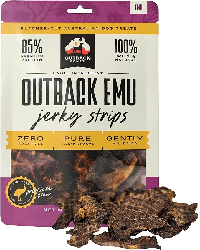 | Emu Dog Treats Jerky Strips | Single Ingredient Air Dried Natural Jerky Treats (7.05 oz)