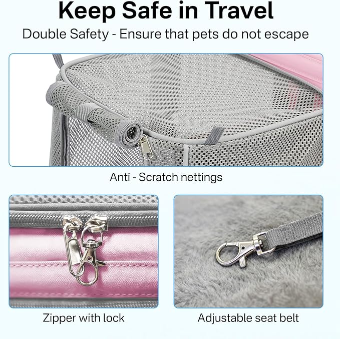 Expandable Cat Carrier, Airline Approved Soft Sided Pet Carrier for Cats & Small Dogs Up to 15 lbs, with Locking Safety Zippers & Cozy Fleece Pad, Portable for Car & Vet Visits, Pink