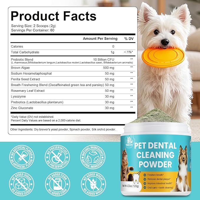 Pet Dental Powder for Dogs and Cats - Dog Teeth Cleaning Powder for Breath Freshener, Oral Care with Natural Herbal Blend & Tartar Remover for Dogs, Dog Teeth Cleaning + Postbiotics (60 Servings)