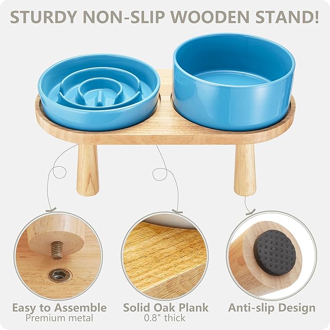Ceramic Slow Feeder and Water Bowl Set for Small Dogs, 6.0inch Ceramic Dog Bowls Elevated with Wooden Stand, 0.6 Cups Dog Slow Feeder(14oz) and 30oz Water Bowl Set, Blue
