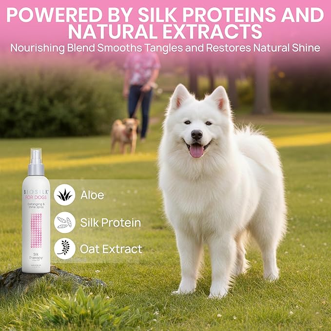 BioSilk for Pets Silk Therapy Detangling Plus Shine Mist for Dogs - Reduces Matted Fur, Shiny & Soft Coat - Suitable for All Dogs & Puppies, Made in USA, 8 Fl Oz - 2 Pack