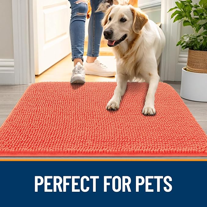 OLANLY Dog Door Mat for Muddy Paws 44x24, Absorbs Moisture and Dirt, Absorbent Non-Slip Washable Doormat, Quick Dry Chenille Mud Mat for Dogs, Entry Indoor Entryway Carpet for Inside Floor, Coral