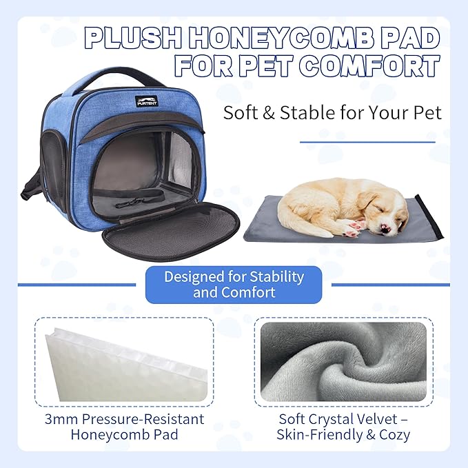 Small Pet Carrier, Breathable Collapsible Pet Bag with Safety Leash for Small Puppy, Kitten, Guinea Pig Weighing up to 8 Pounds Designed for Travel, Hiking, Walking and Outdoor Use, Blue