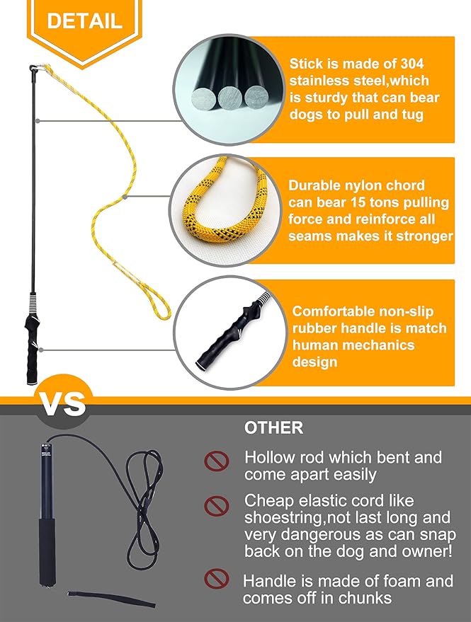 Dewonch Flirt Pole Dog Toys for Training & Exercise,Durable Teaser Stick with Fleece Rope Lure for Medium & Large Pets to Fetch Chase Pull and Tug of War (Yellow, POLE-39.5 inches)