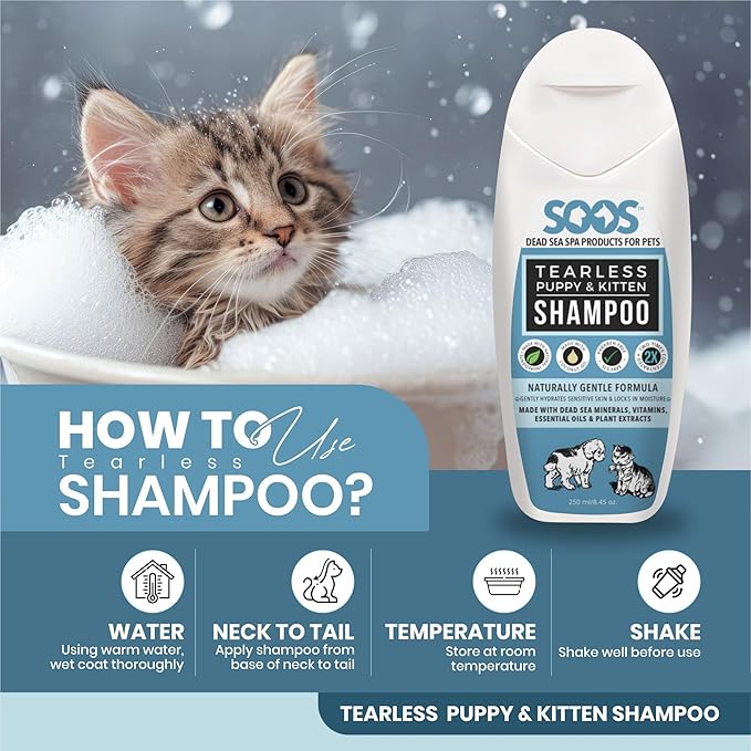 Soos Pet Shampoo Natural Dead Sea Tear-Less Fast Absorbing with Vitamins Minerals for Puppy and Kitten - 1x (250ml / 8.45 oz)