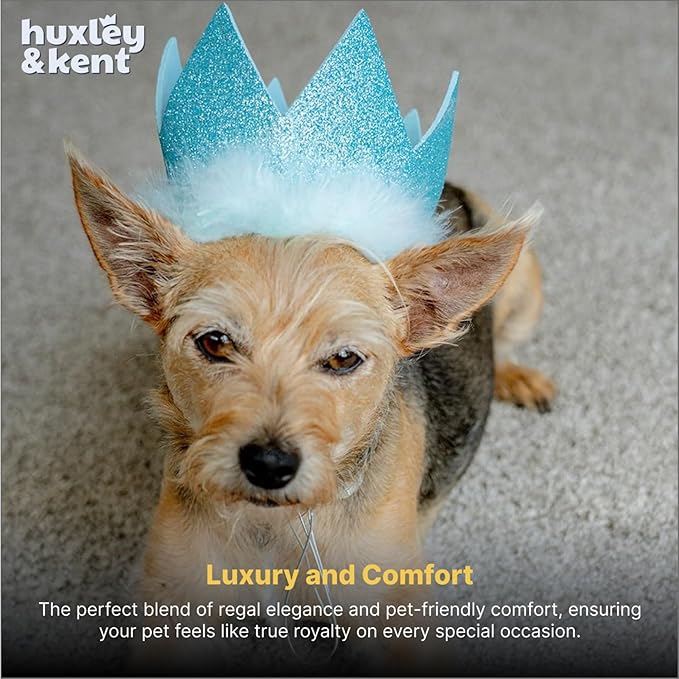 Huxley & Kent Pet Party Crown Hat for Dogs & Cats - Comfortable SnugFit Adjustable Straps - Glitter Crown for Parties, Gotcha Days & Celebrations - Blue, Small