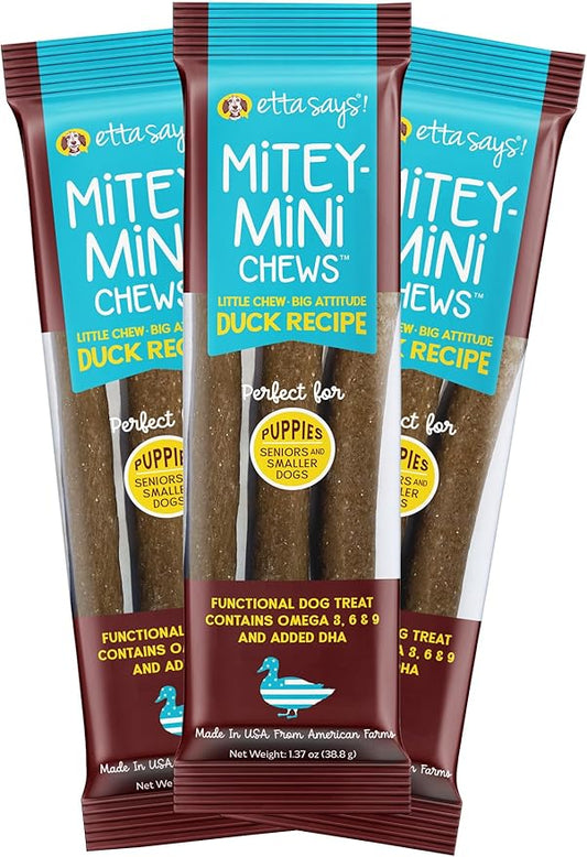 etta says! Mitey Mini Chews Dog Treats - Made in The USA - Grain-Free and Odor-Free - All-Natural Dog Chews - Perfect for Puppies and Senior Dogs - with Omega 3, 6, and 9 - Duck - 3 Pack - 9 Count