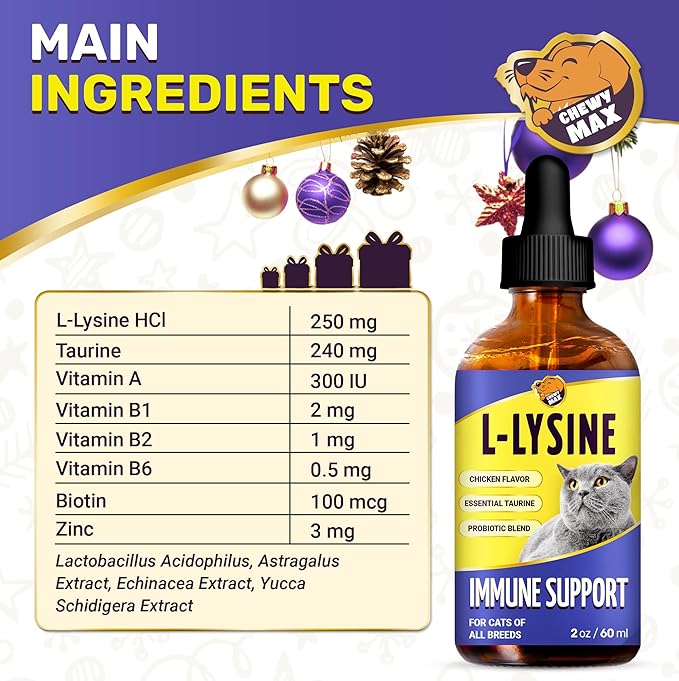 L Lysine for Cats for Respiratory & Immune Support – Cat Antibiotic to Help with Watery Eyes, Cough, Runny Nose, Sneezing – Taurine & Vitamins for Kittens & Senior Ones – Chicken Flavor – 2-Oz Drops