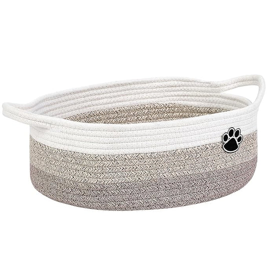 Dog Toy Basket, Toy Box and Bin for Dog Cat Storage, 13.5" X 11" X 5" Small Woven Rope Basket for Baby Storage, Closet, Living Room, White & Brown