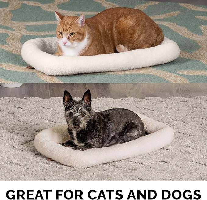 Furhaven Dog Bed for Medium/Small Dogs & Indoor Cats, 100% Washable, Sized to Fit Crates - Sherpa Fleece Bolster Crate Pad - Cream, Medium