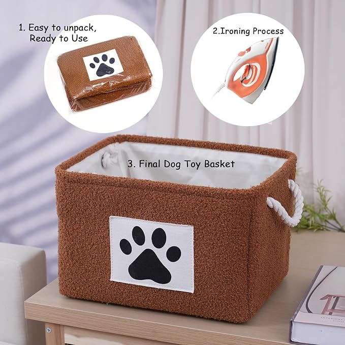 COMFY HOMI 2Pcs Dog Toy Basket with Metal Collapsible Pet Toy Storage Organizer with Handles-Soft Polyester Fleece Fabric Bin Storage Basket for Shelves, Toys Storage Organization 15"x10.2"x9.5"-Brown