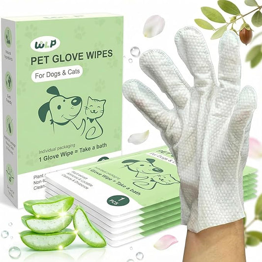 WLP Pet Glove Wipes for Dogs & Cats, Individually Wrapped Cleaning Deodorizing Hypoallergenic Hydrating Grooming Wipes, Enriched with Aloe & Jojoba Oil for Daily Care, Traveling (6 PCS)